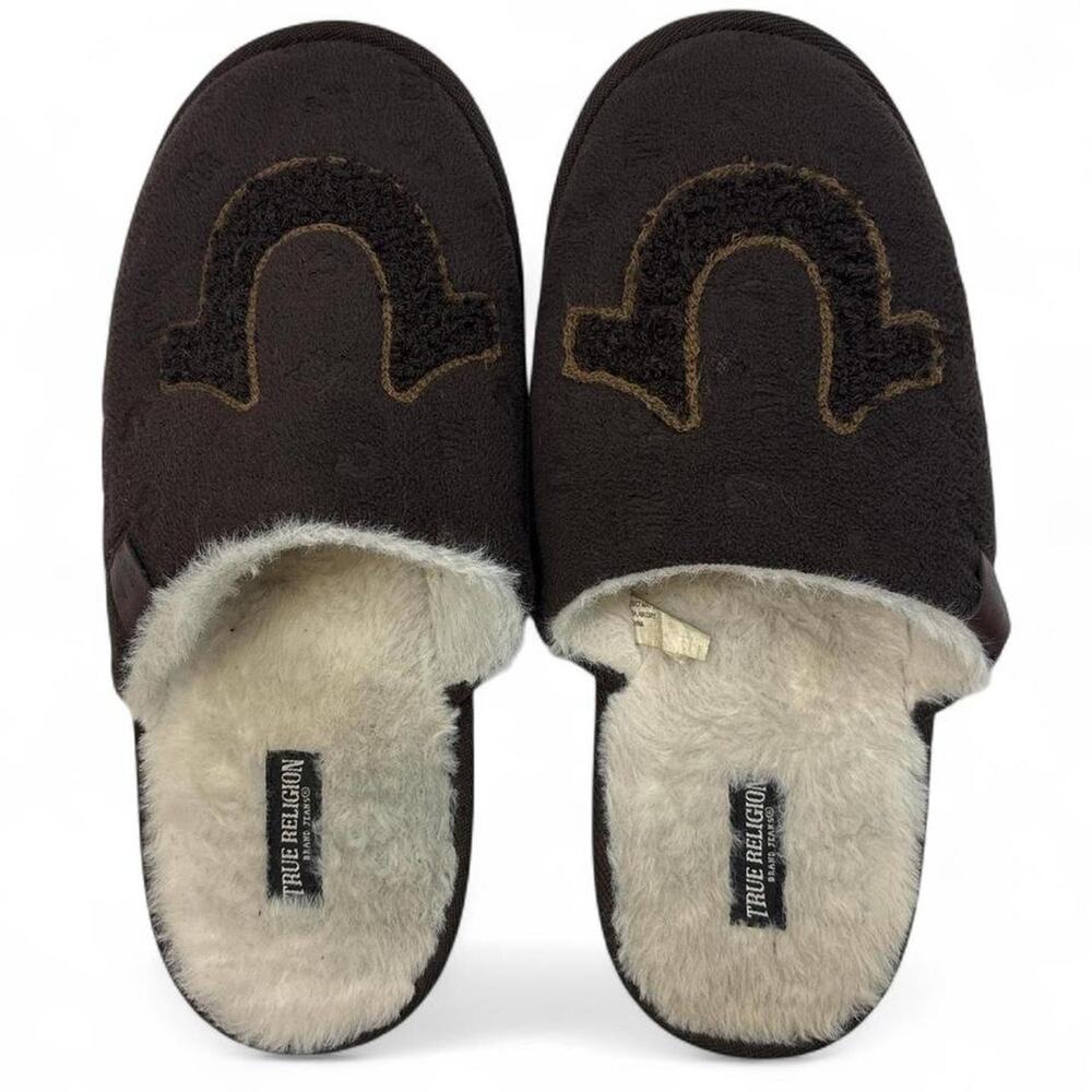 True Religion Men’s Brown Fux Fur Lined Logo Slippers Size M 9-10